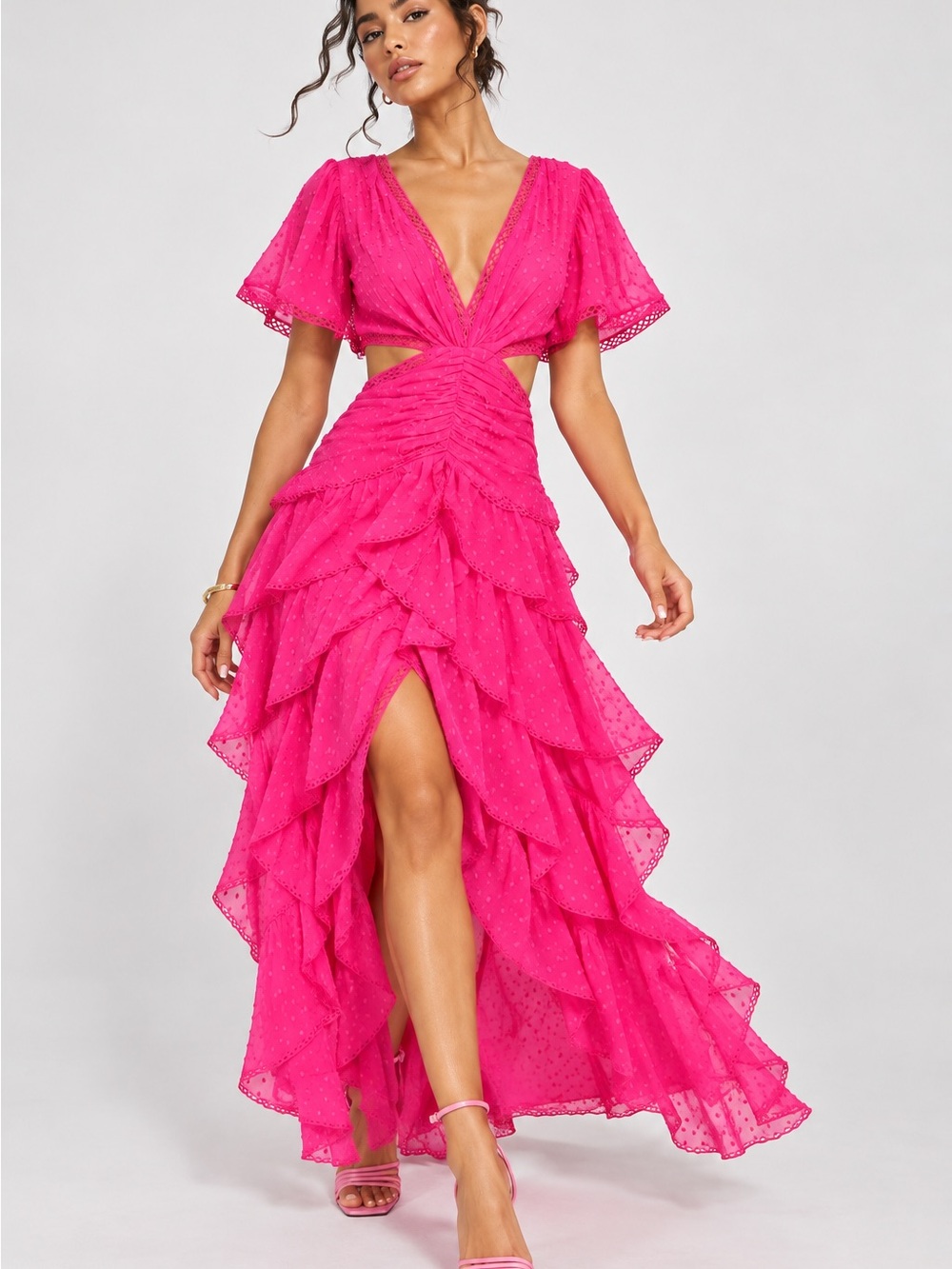 Fuchsia Ruffled V-Neck Maxi Dress